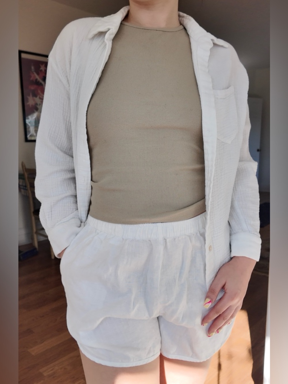 Matching White Button-Up and White Shorts Set